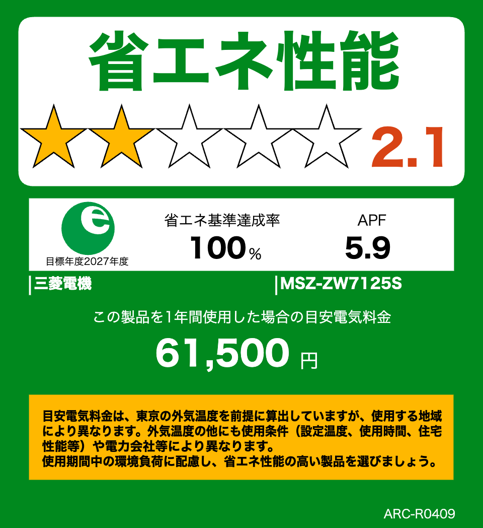 MSZ-ZW7125S・三菱電機エアコン・霧ヶ峰の省エネ性能ラベル