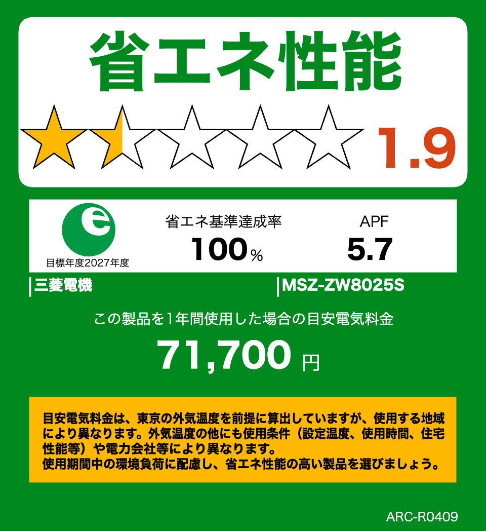 MSZ-ZW8025S・三菱電機エアコン・霧ヶ峰の省エネ性能ラベル
