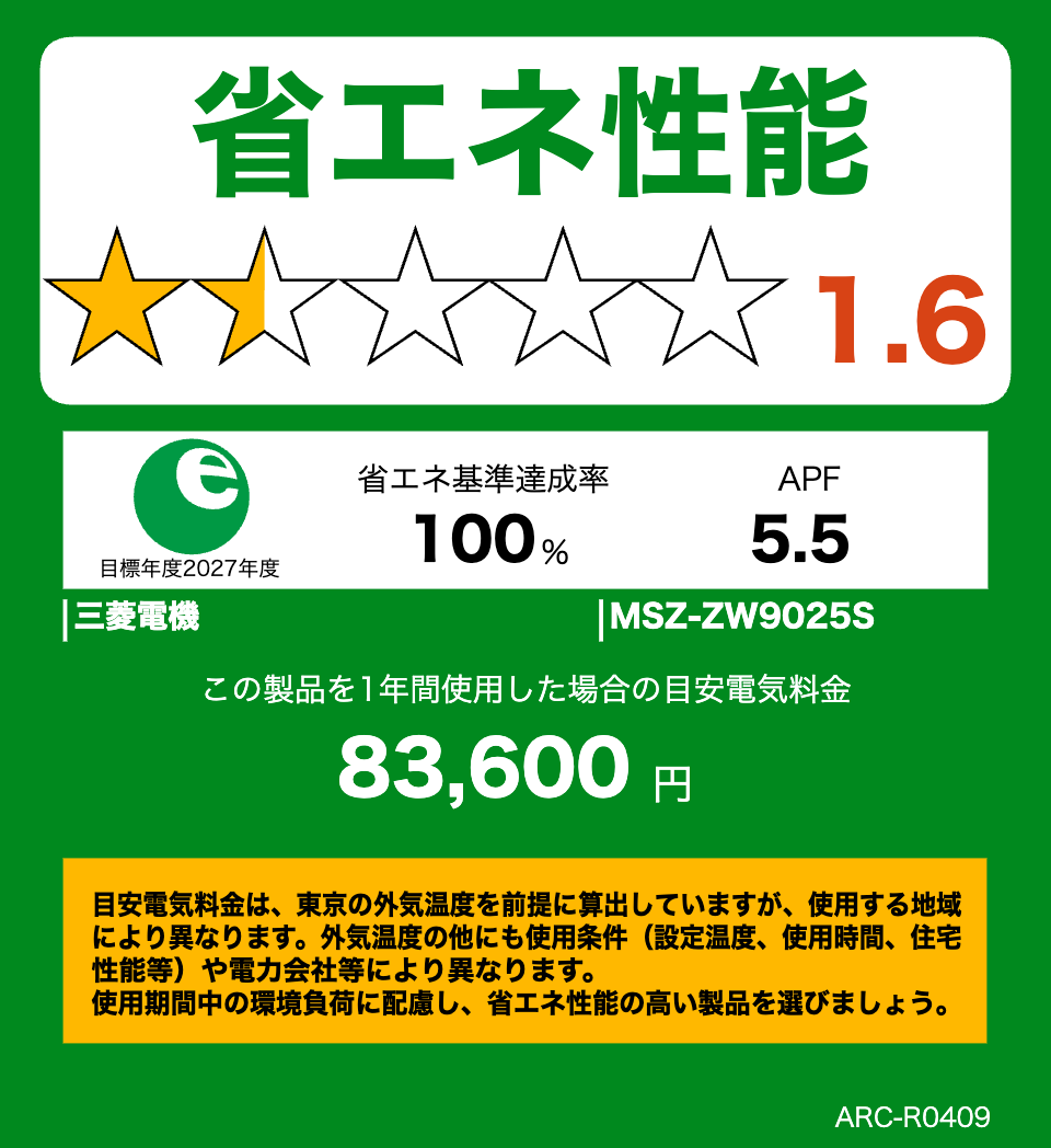 MSZ-ZW9025S・三菱電機エアコン・霧ヶ峰の省エネ性能ラベル