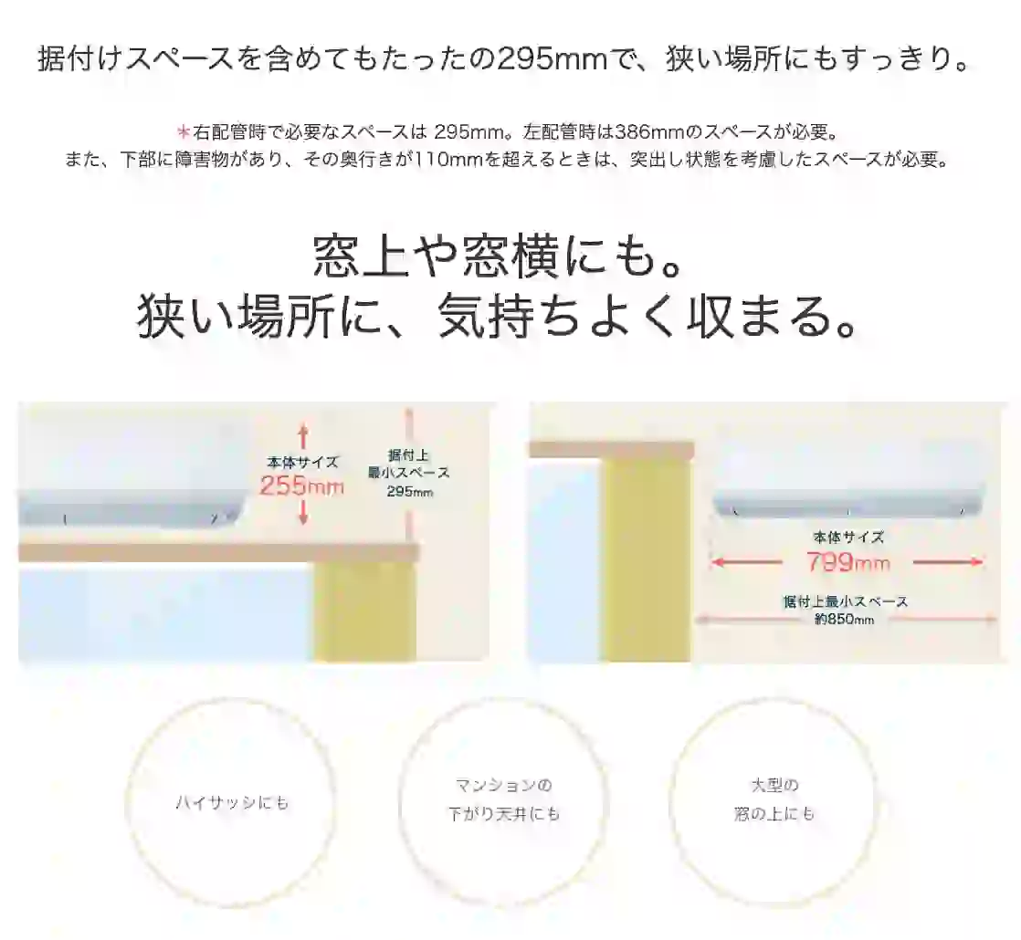 三菱電機エアコンRシリーズの機能・高さ255mmのコンパクト設計