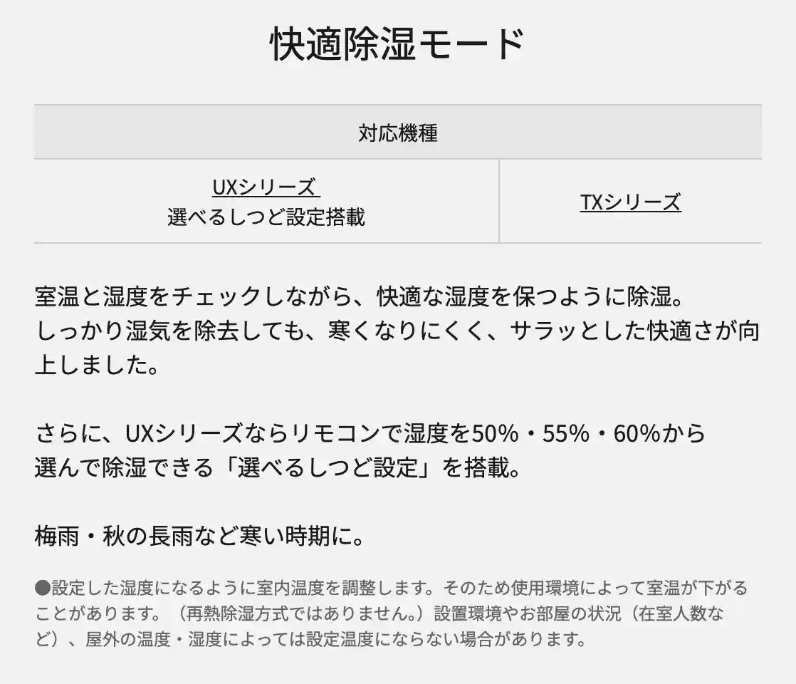 パナソニックエアコンUXシリーズの機能・快適除湿モード