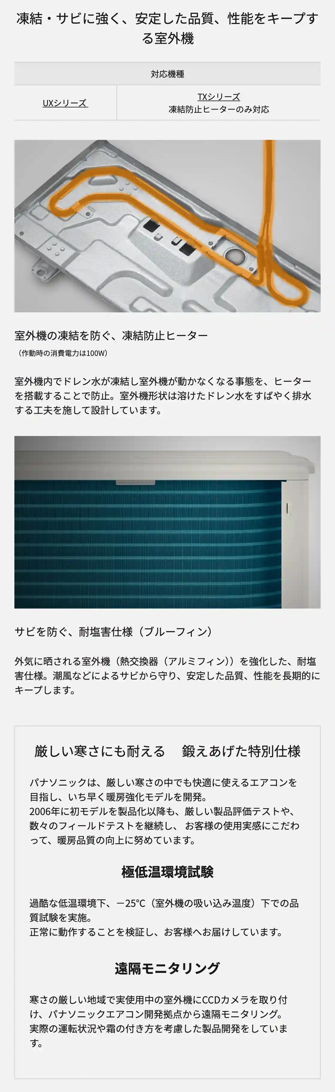 パナソニックエアコンUXシリーズの機能・凍結・サビに強く、安定した品質、性能をキープする室外機